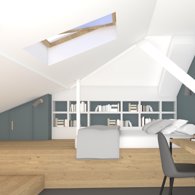 Conception en 3D de l'aménagement d'une chambre sous combles par Valérie Gobin Décoratrice